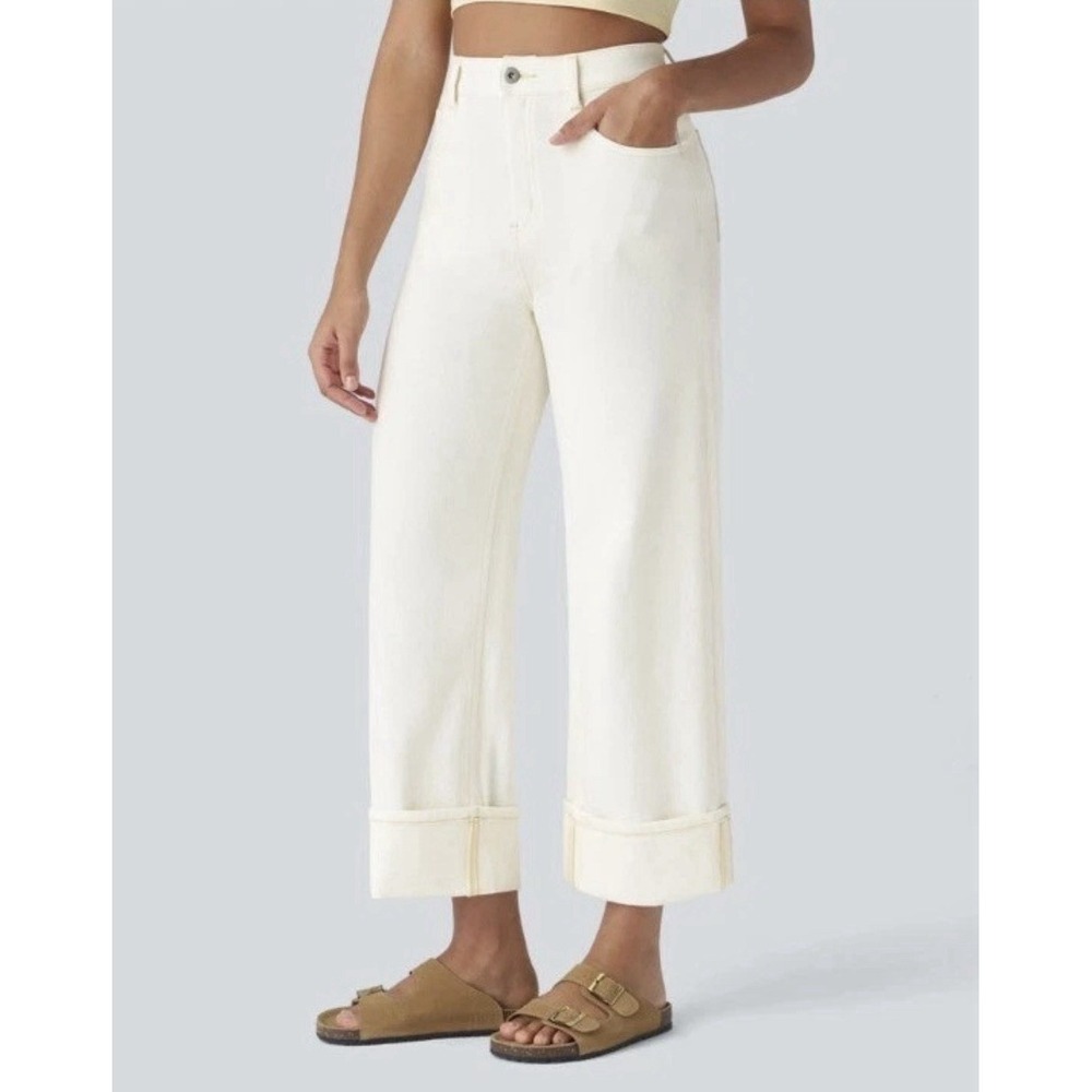 Halara Flex Wide Leg Denim Pants XL Stretch Comfort Cuff Hem Cream Scandi Clean